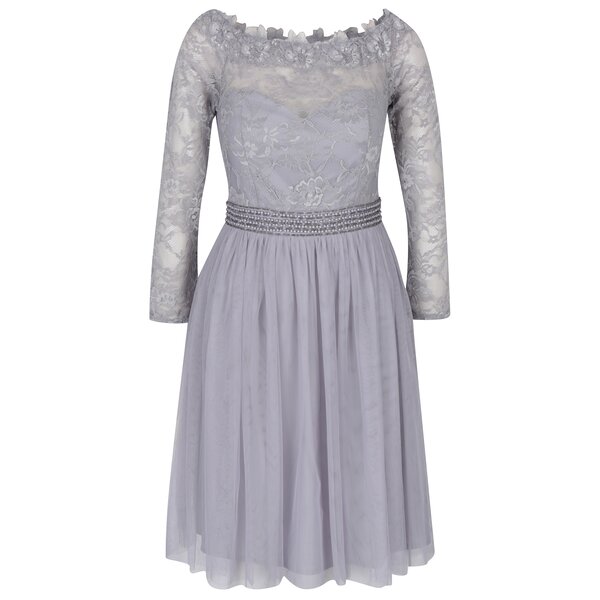 Rochie gri din dantelă cu decolteu pe umeri și talie cu aplicații - Little Mistress