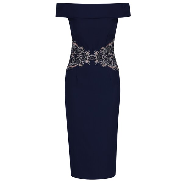 Rochie bleumarin cu decolteu pe umeri și broderie în talie - Little Mistress