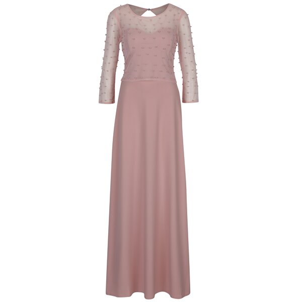 Rochie lungă roz prăfuit cu mâneci 3/4 și perle decorative - Little Mistress