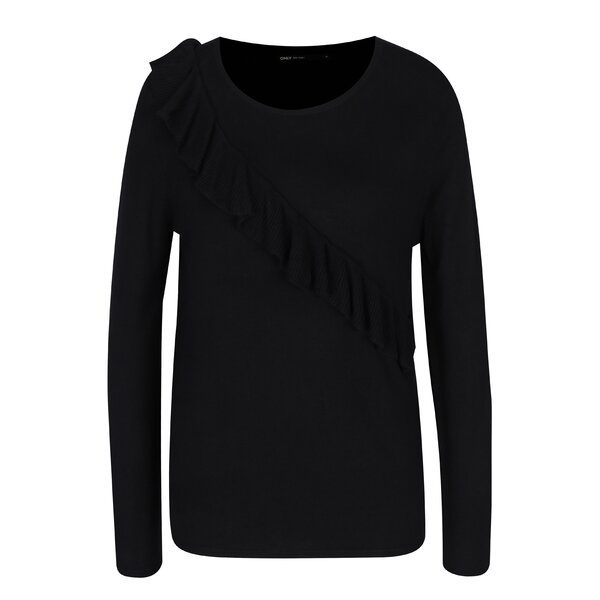 Pulover negru subțire cu volan decorativ - ONLY Mila