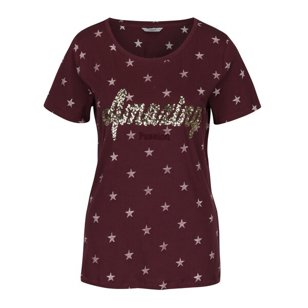 Tricou de bumbac roșu bordo cu paiete - ONLY Star