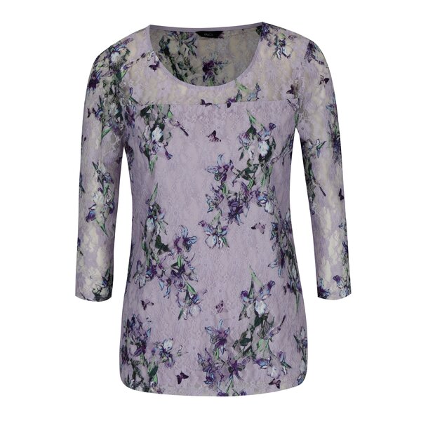 Bluză mov din dantelă cu print floral și mâneci 3/4 M&Co