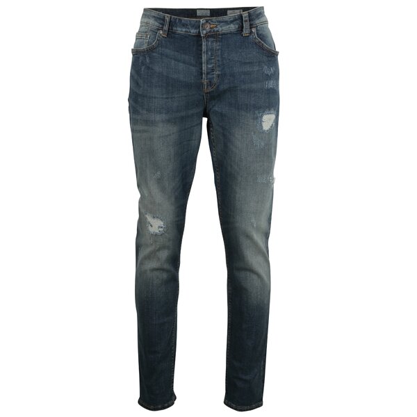 Blugi albaștri slim fit cu aspect prespălat și uzat - ONLY & SONS Loom