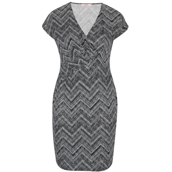 Rochie negru& alb cu model geometric și pliuri la decolteu LA Lemon