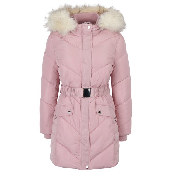 Geaca matlasata lunga roz cu blana artificiala Miss Selfridge