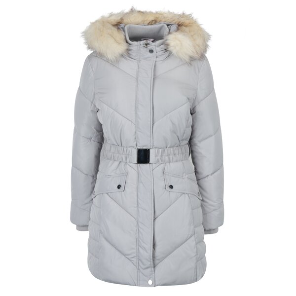 Geaca matlasata lunga gri cu blana artificiala Miss Selfridge