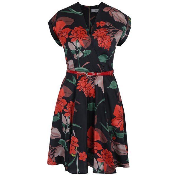 Rochie neagră cu model floral și decolteu suprapus Closet