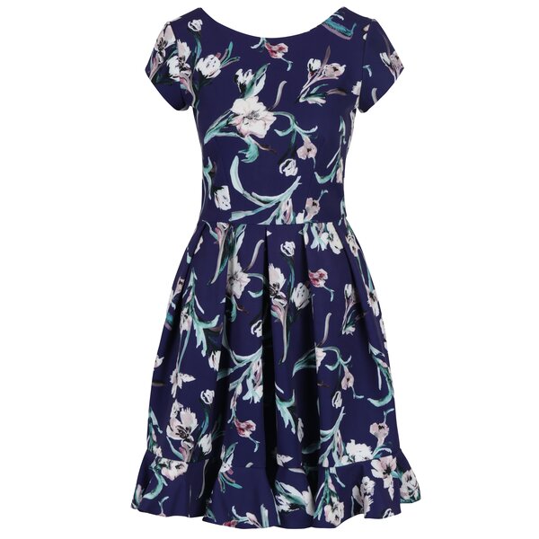 Rochie albastru închis cu imprimeu floral, pliuri și volan Closet