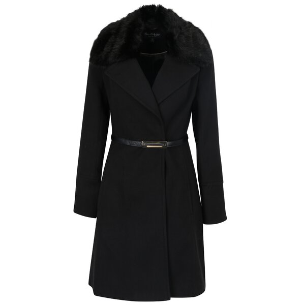 Palton negru cu guler din blană artificială Miss Selfridge