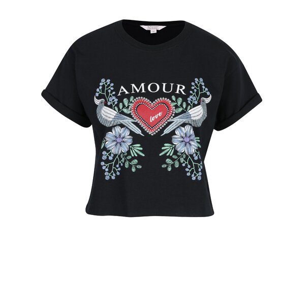 Tricou crop negru cu aplicații și print Miss Selfridge