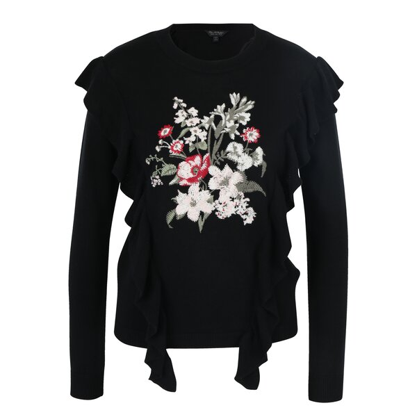 Pulover negru cu broderie florală și volane Miss Selfridge