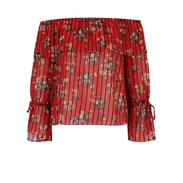 Bluză roșie cu model floral&dungi și umeri expuși Miss Selfridge