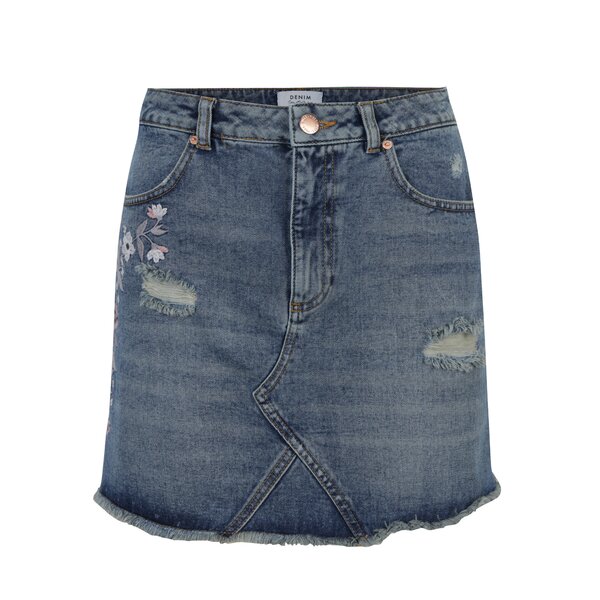 Fusta mini din denim albastra cu broderie Miss Selfridge