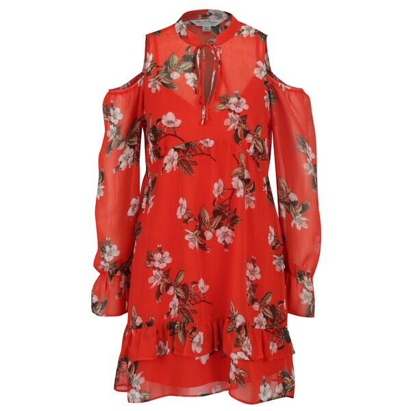 Rochie roșie cu model floral și decupaj la umeri Miss Selfridge