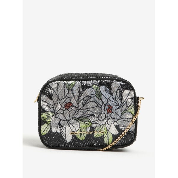 Geanta crossbody neagra cu paiete si model floral Fornarina Clio