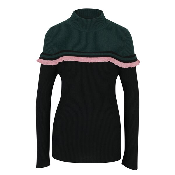 Pulover verde cu negru cu guler inalt si volan Fornarina Rosy