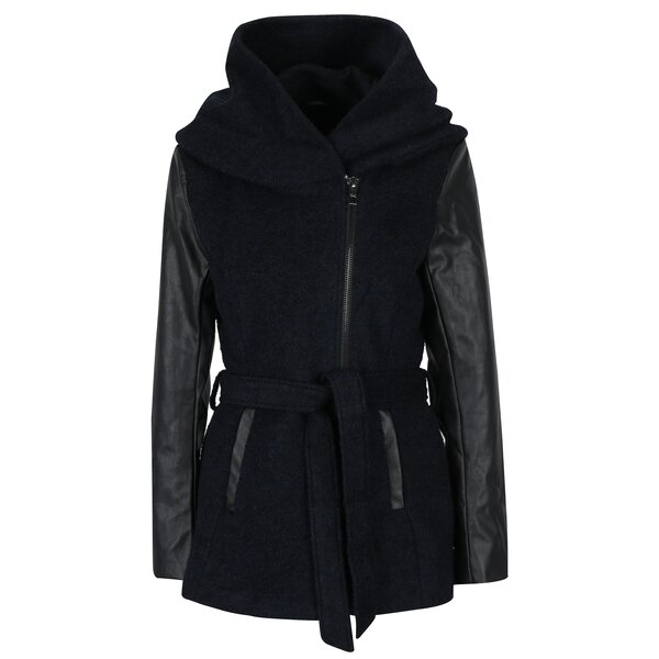 Palton bleumarin melanj din amestec de lana cu maneci de imitatie de piele ONLY New Lisford