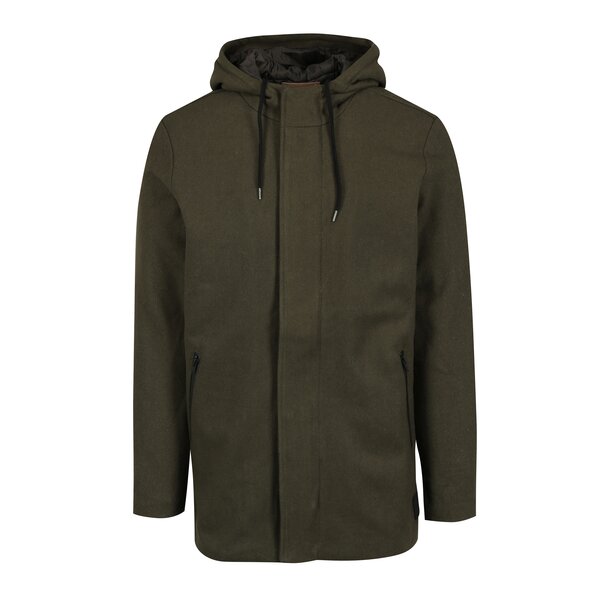 Palton verde inchis din amestec de lana cu gluga Casual Friday by Blend