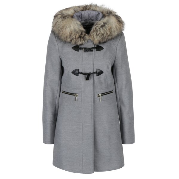 Palton gri cu gluga si blana artificiala - Miss Selfridge