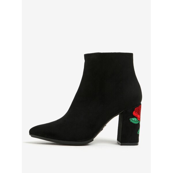 Botine negre cu toc cu aspect de piele intoarsa si broderie OJJU