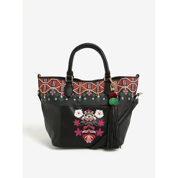 Geanta neagra shopper/crossbody 2 in 1 cu broderie multicolora Desigual Florida Boby