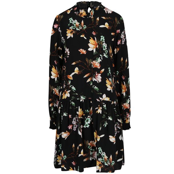 Rochie neagra cu talie joasa, print floral si guler inalt VILA Magnolia
