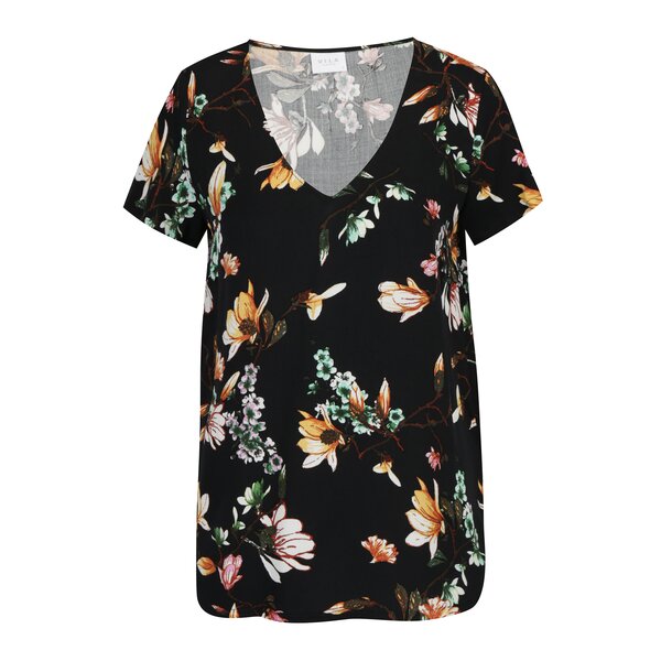 Bluza neagra cu print floral si maneca scurta VILA Magnolia