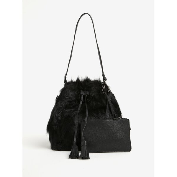 Geanta neagra tip sac cu blana artificiala si interior detasabil - Fornarina Tulip
