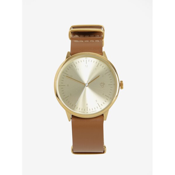 Ceas auriu unisex cu curea maro din piele CHPO Harold