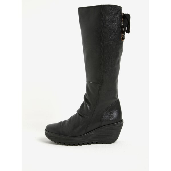 Cizme negre lungi din piele cu platforma - Fly London