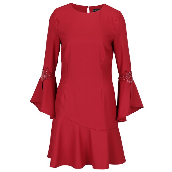 Rochie rosie cu maneci clopot si broderie florala din margele Little Mistress
