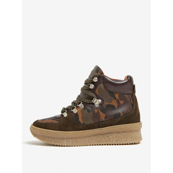 Pantofi sport kaki cu platforma si print army din piele OJJU