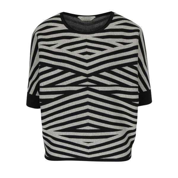 Pulover gri&negru cu maneci liliac 3/4 si model geometric Skunkfunk
