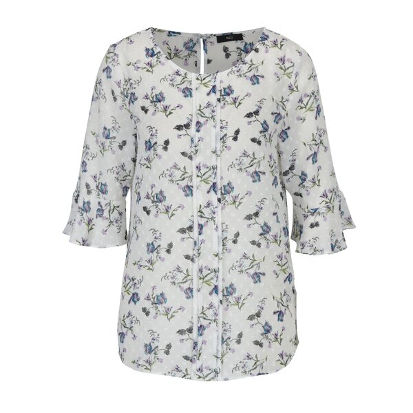 Bluza alba cu print floral multicolor si volanase frontale M&Co