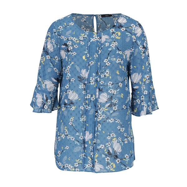 Bluza albastra cu print floral multicolor si volanase frontale M&Co