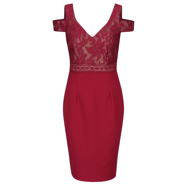 Rochie conica roz inchis din dantela si decupaj la umeri Little Mistress