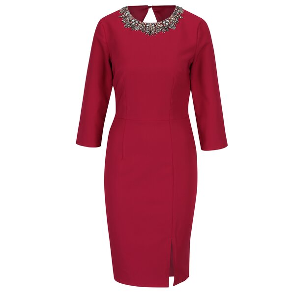 Rochie roz inchis cu maneci 3/4 si detaliu din margele Little Mistress