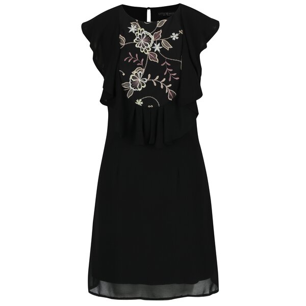Rochie neagra cu volanase si broderie florala Little Mistress