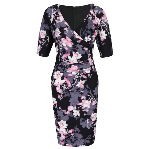 Rochie neagra cu print floral si decolteu suprapus Paper Dolls