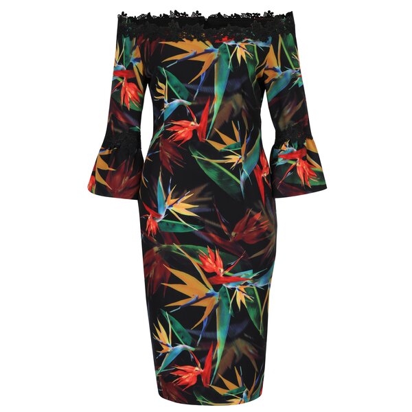 Rochie neagra cu print floral si maneci 3/4 clopot Paper Dolls