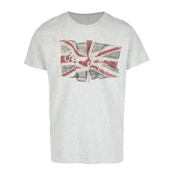 Tricou gri melanj cu print logo Pepe Jeans FLAG TEE