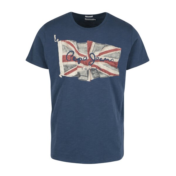Tricou albastru cu print logo Pepe Jeans FLAG TEE