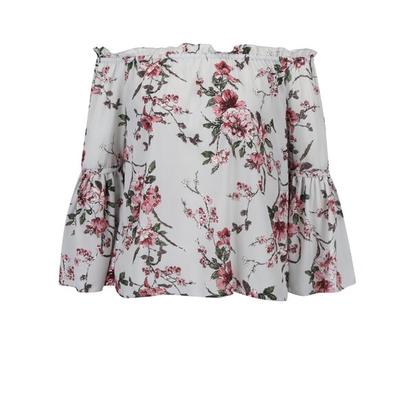 Bluza gri deschis cu model floral, umeri expusi si maneci clopot Dorothy Perkins Petite