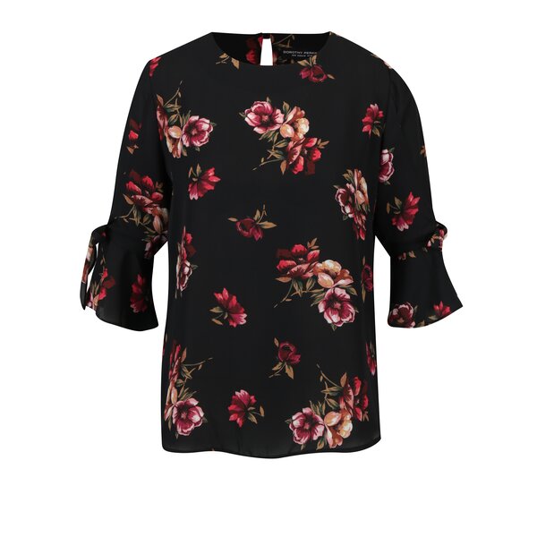 Bluza neagra cu print floral si maneci cu volane Dorothy Perkins
