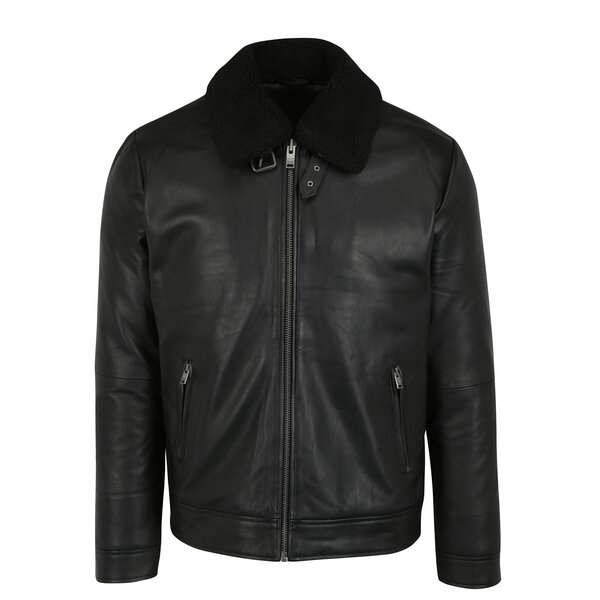 Jacheta neagra din piele cu guler detasabil de blana artificiala - Selected Homme Teddy