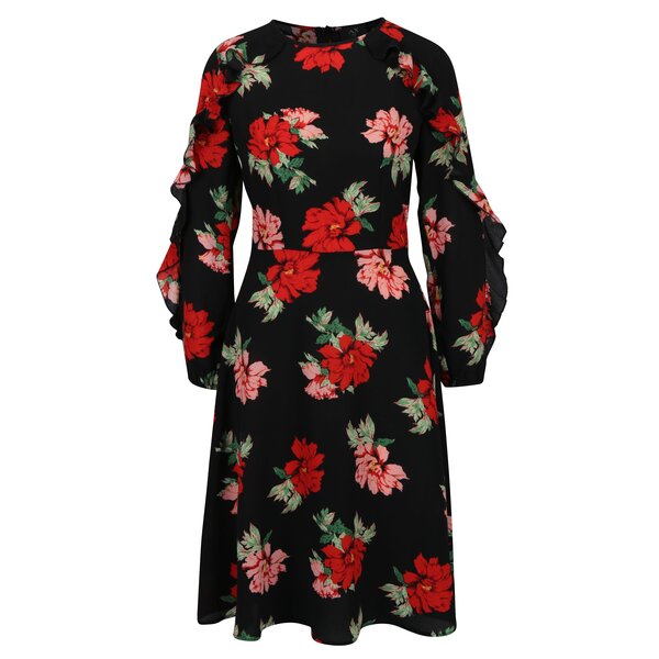 Rochie neagra cu print floral si volane pe maneci AX Paris