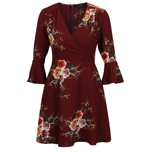 Rochie bordo cu print floral si maneci clopot 3/4 AX Paris