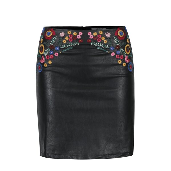 Fusta neagra cu aspect de piele si broderii florale Haily´s Sally