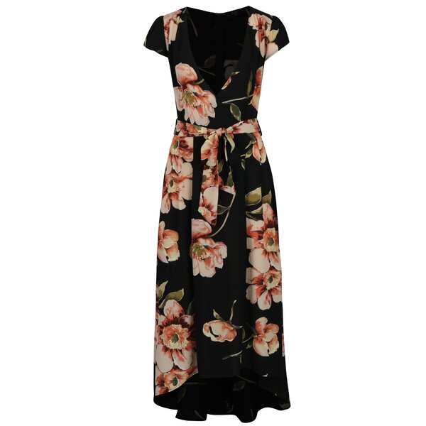 Rochie asimetrica neagra cu print floral si decolteu suprapus AX Paris