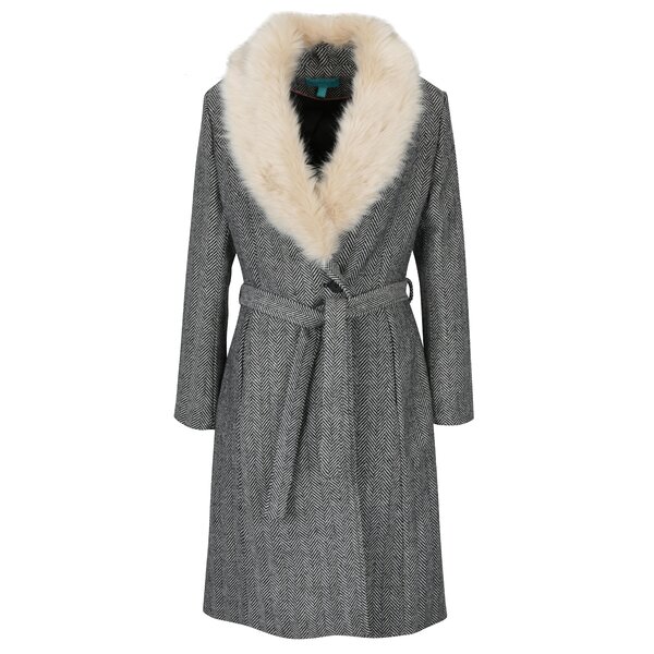 Palton cu guler de blana si model Herringbone Fever London Enid